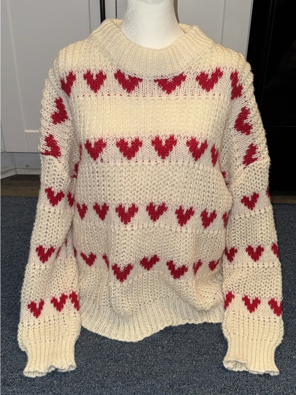 Cream and Red Heart Knit Sweater